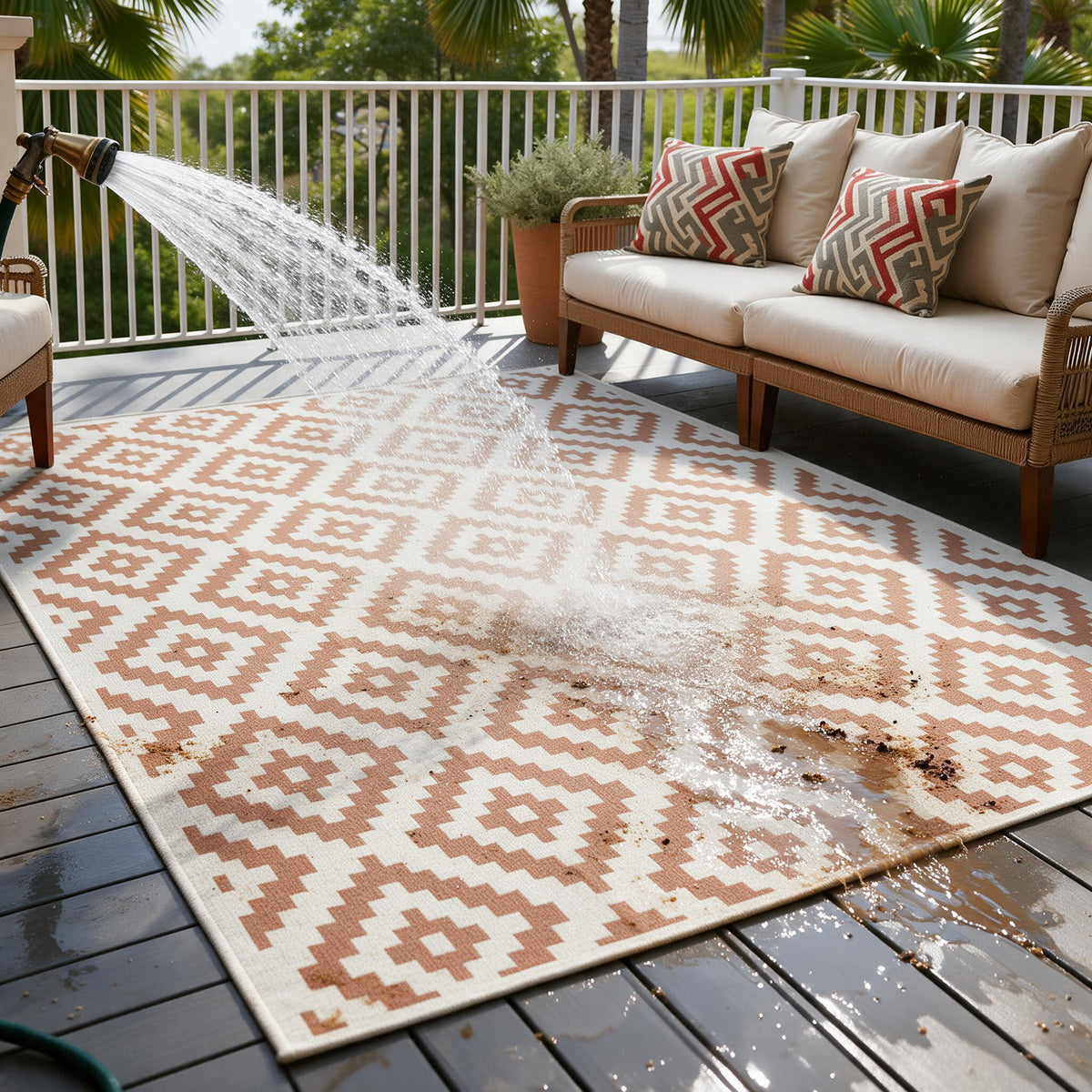 Person hosing down the outdoor patio rug on a deck.