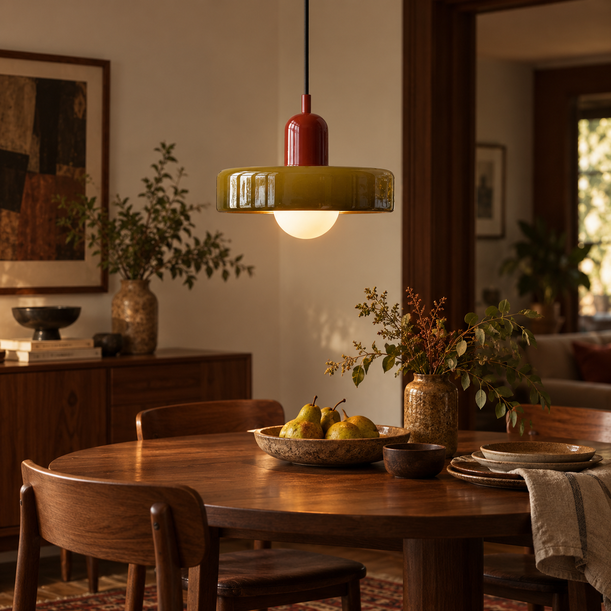 Bauhaus Nordic glass pendant in brown 1 installed above a retro dining table