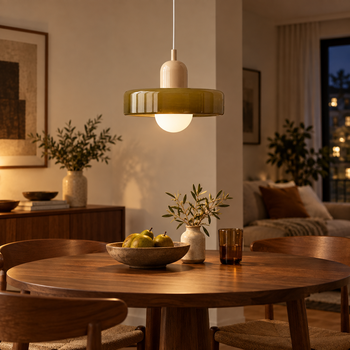 Bauhaus Nordic glass pendant in brown 2 installed above a walnut dining table