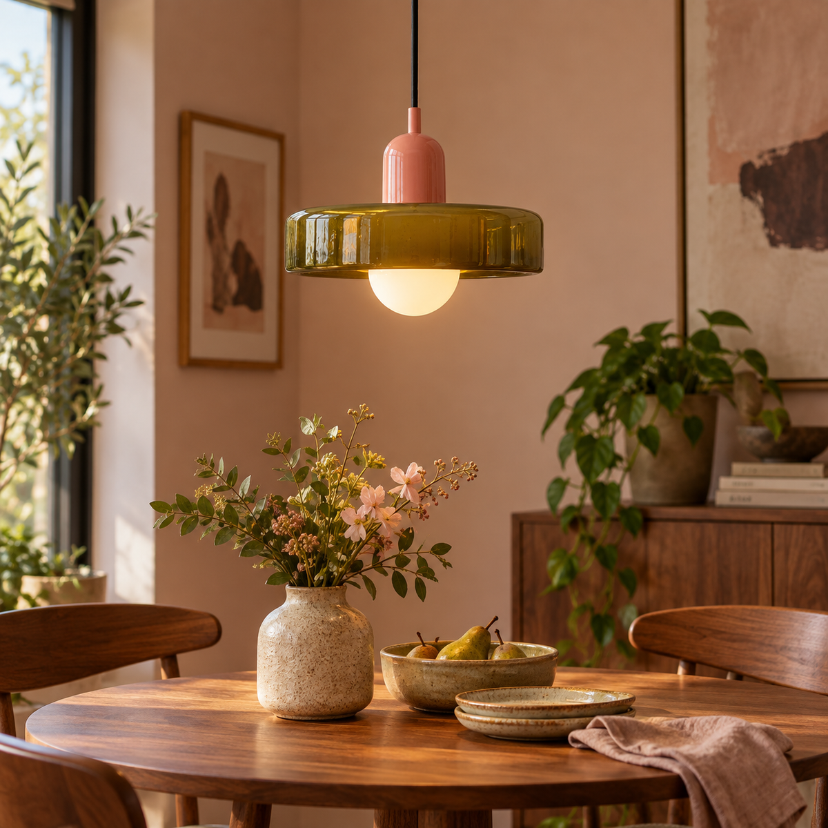 Bauhaus Nordic glass pendant in brown 3 installed in a warm dining room