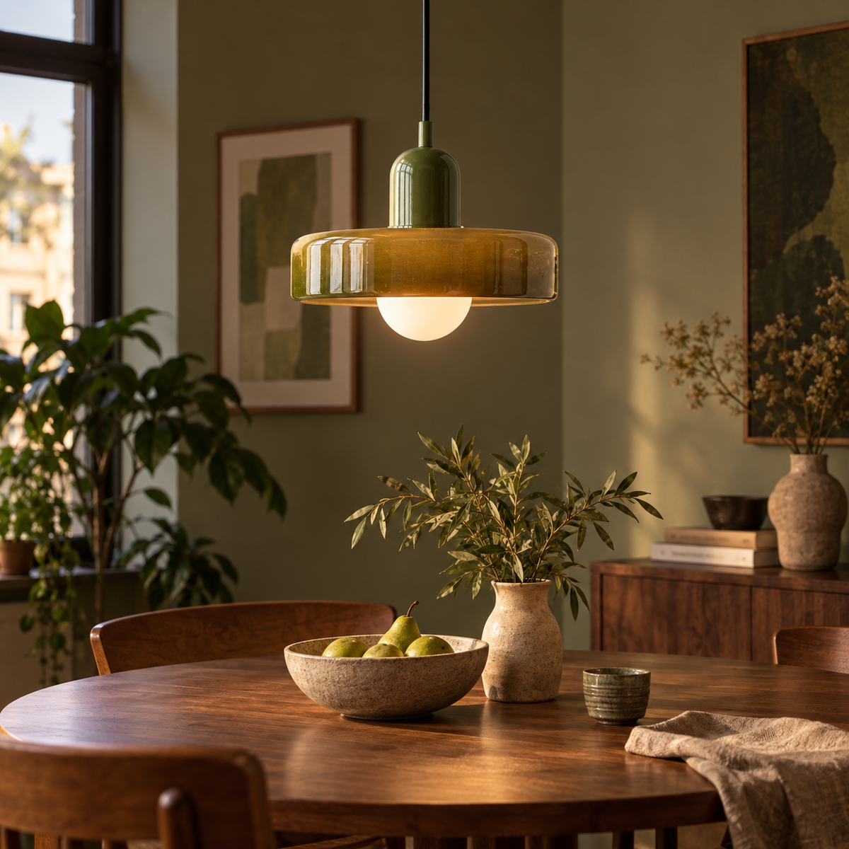 Bauhaus Nordic glass pendant in brown 4 installed in an olive-toned dining room