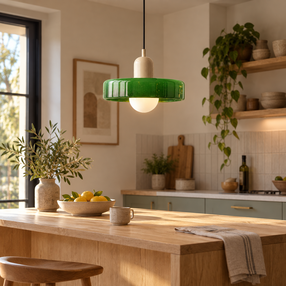 Bauhaus Nordic glass pendant in Green 1 installed above a kitchen island