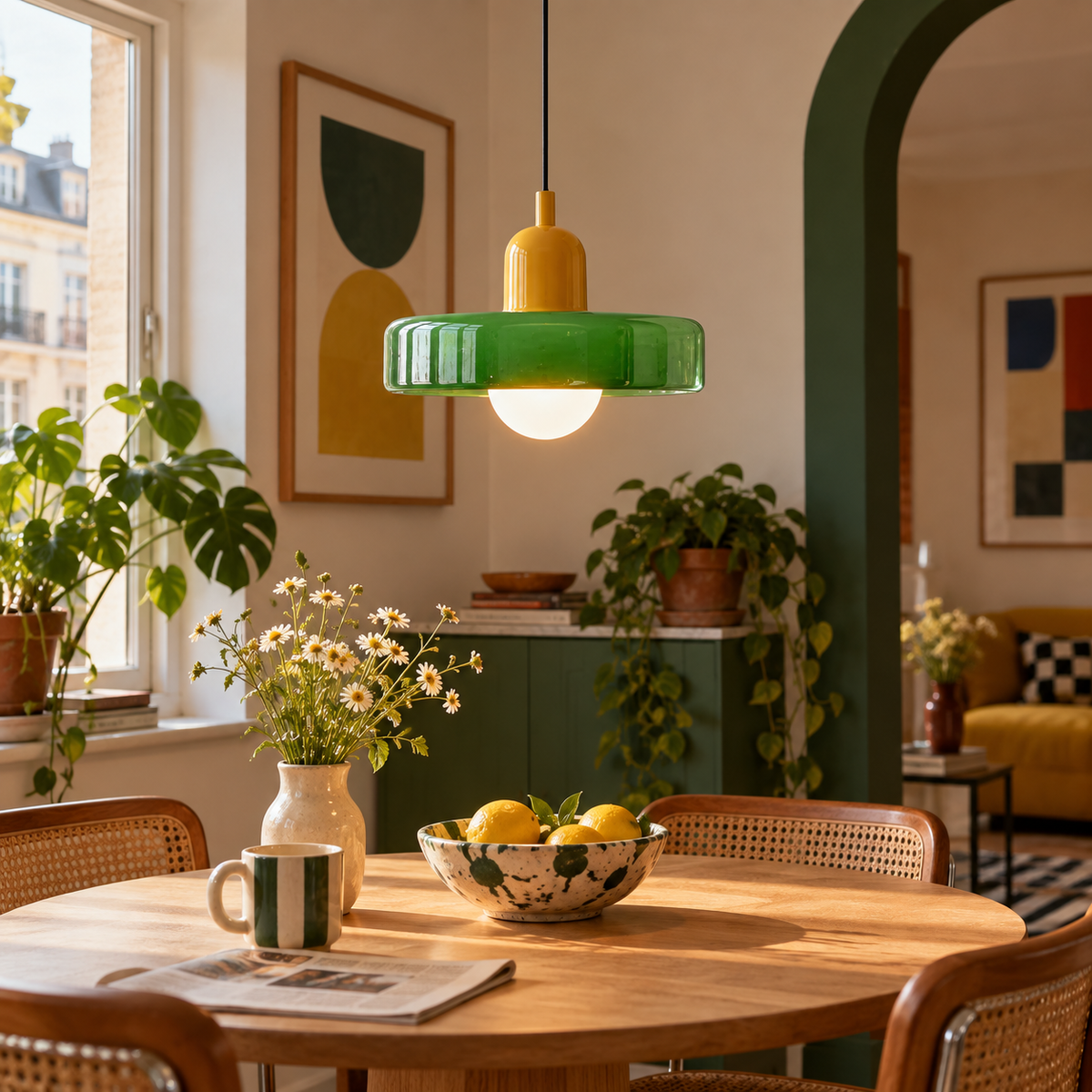 Bauhaus Nordic glass pendant in Green 2 installed in a Bauhaus-inspired dining room