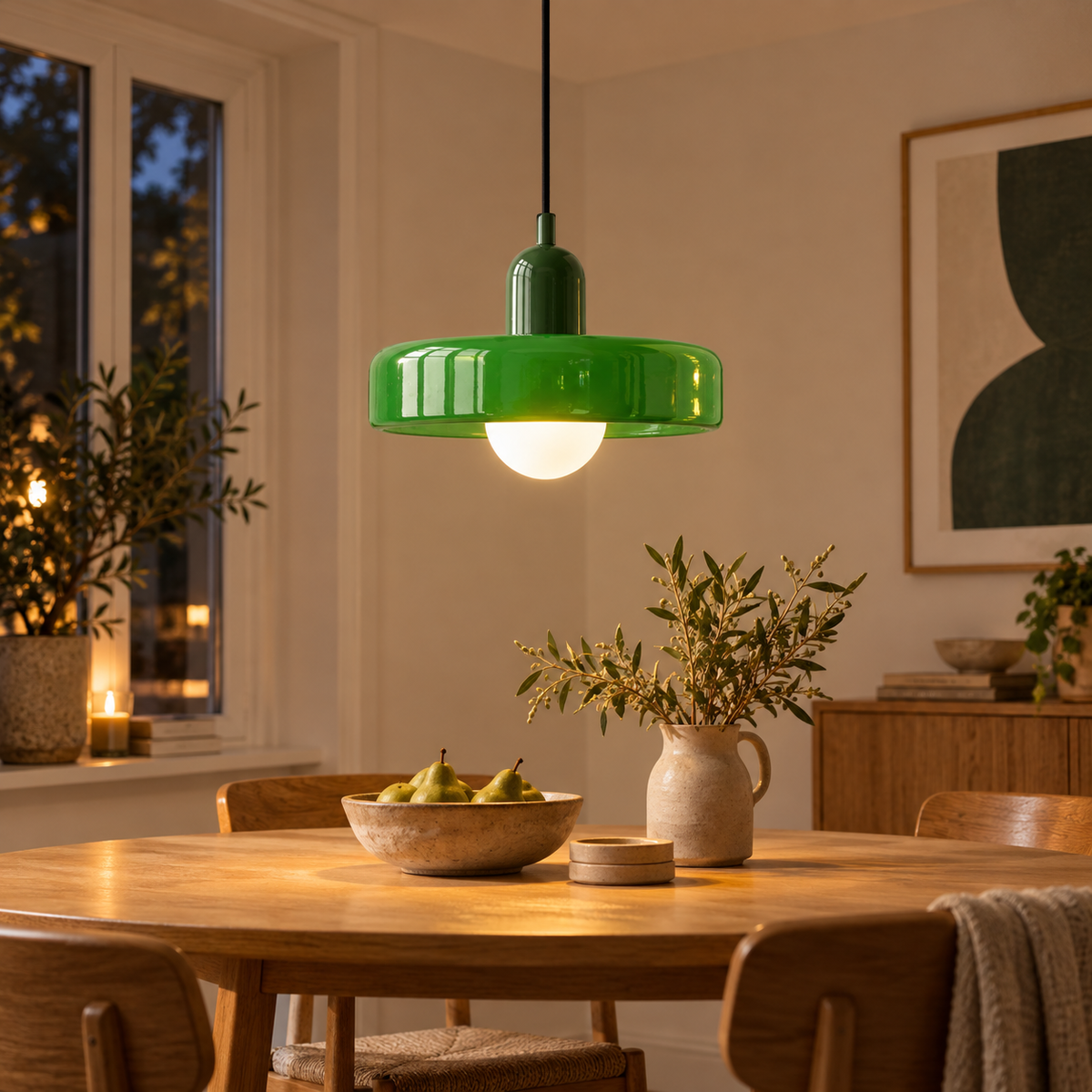 Bauhaus Nordic glass pendant in Green 3 installed above a dining table