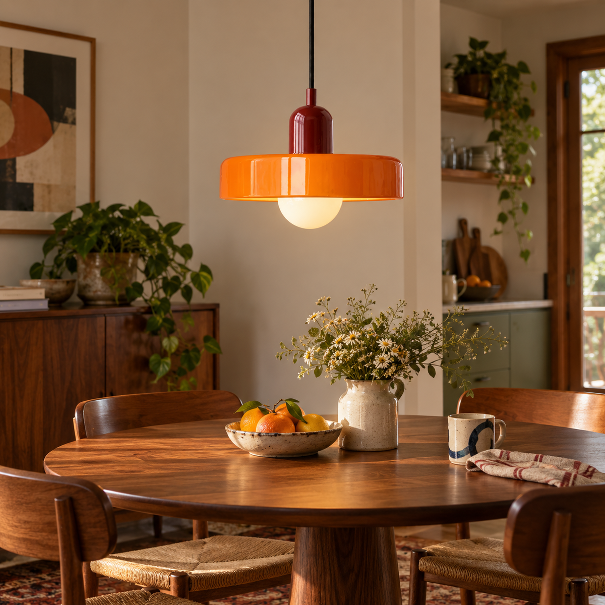 Bauhaus Nordic glass pendant in Orange 1 installed above a walnut dining table