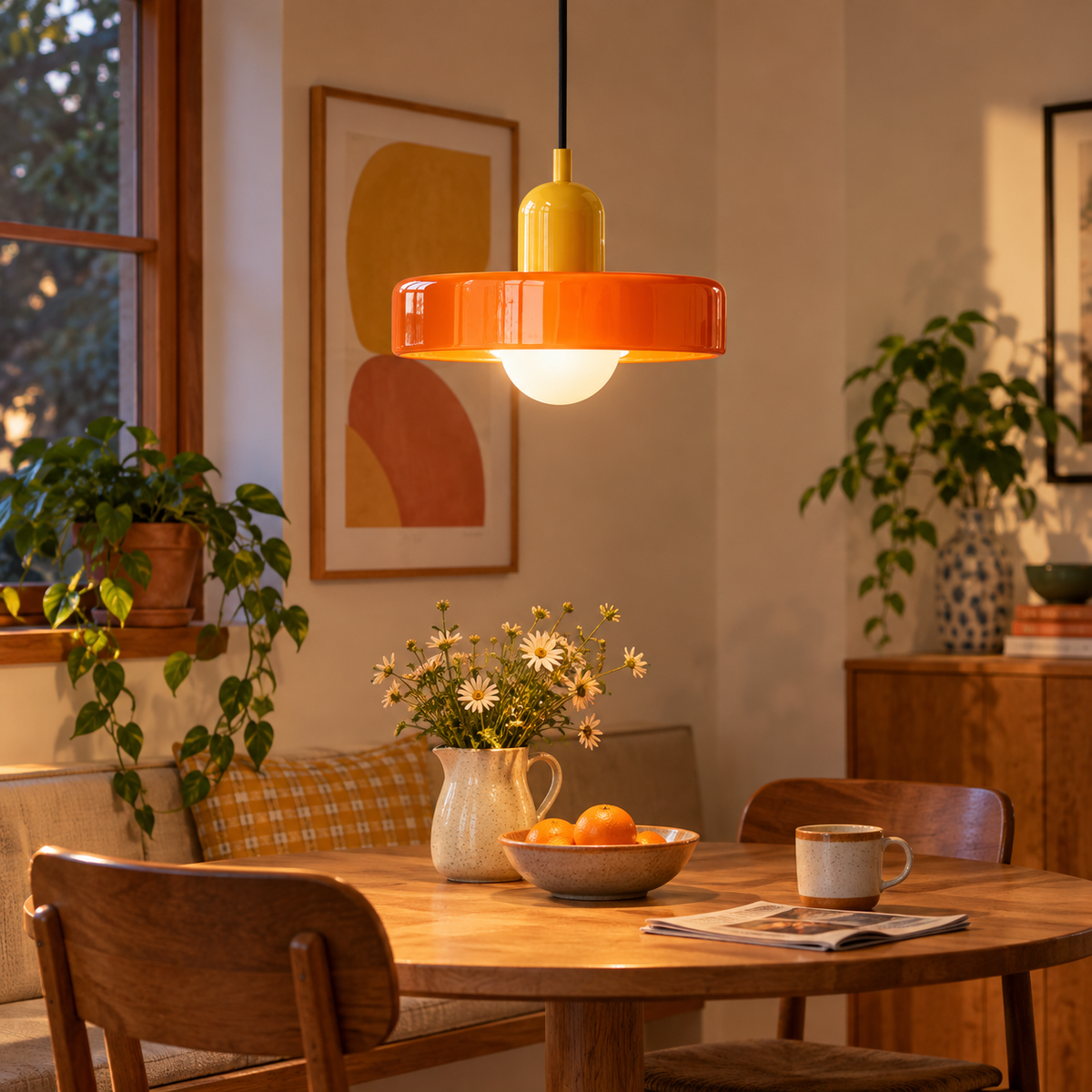 Bauhaus Nordic glass pendant in Orange 2 installed in a mid-century dining nook