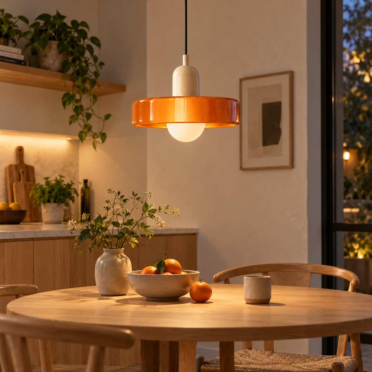 Bauhaus Nordic glass pendant in Orange 3 installed above a kitchen table