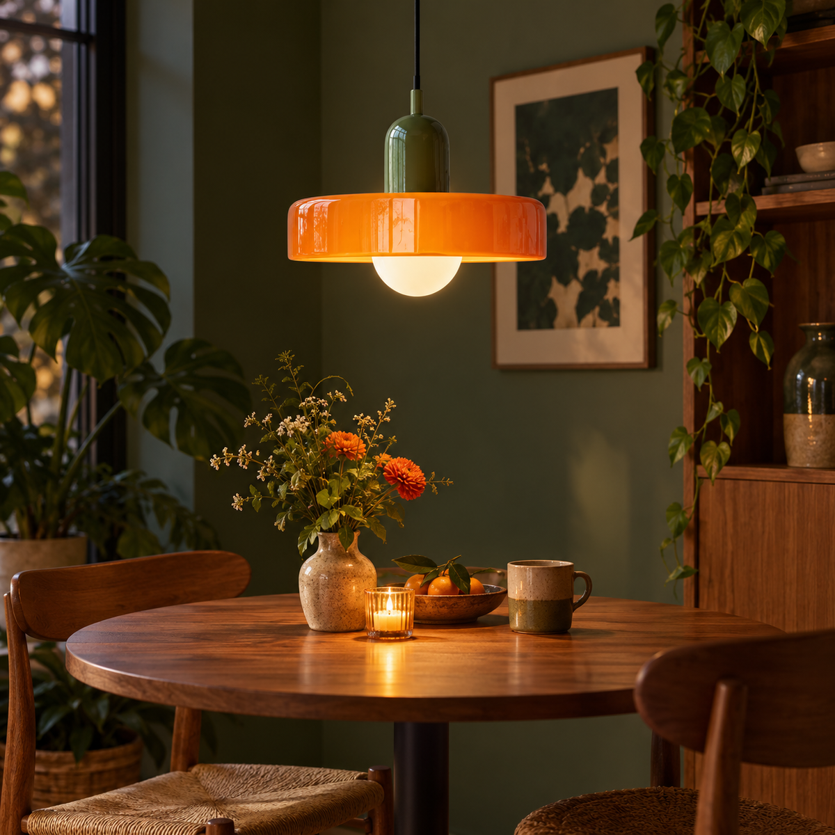 Bauhaus Nordic glass pendant in Orange 4 installed above a café-style table