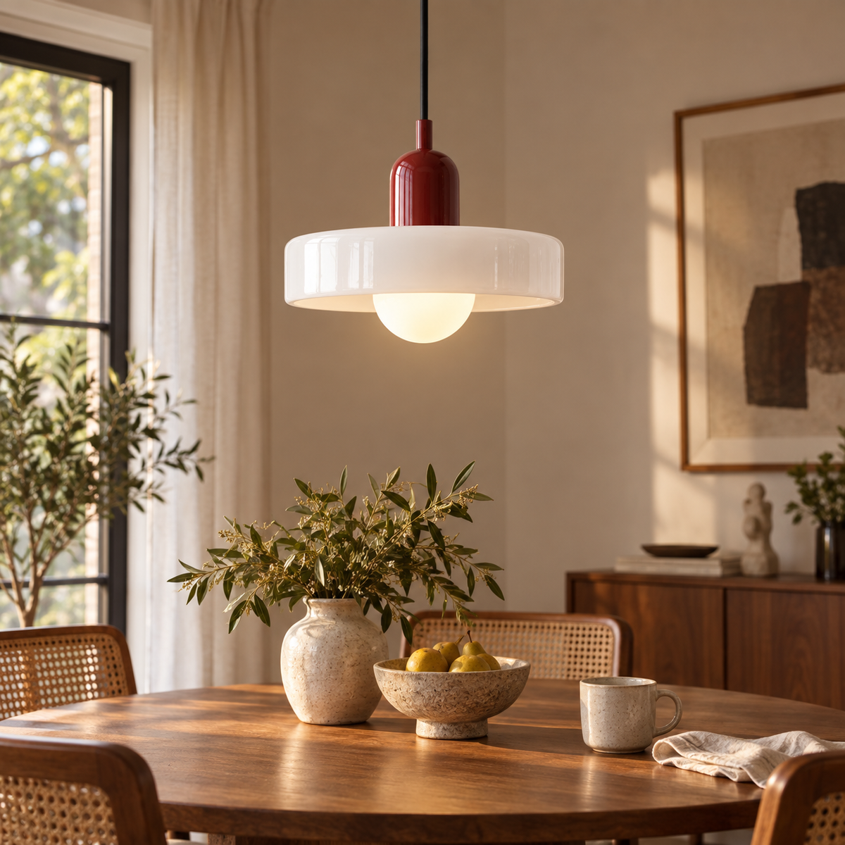 Bauhaus Nordic glass pendant in White 1 installed above a dining table