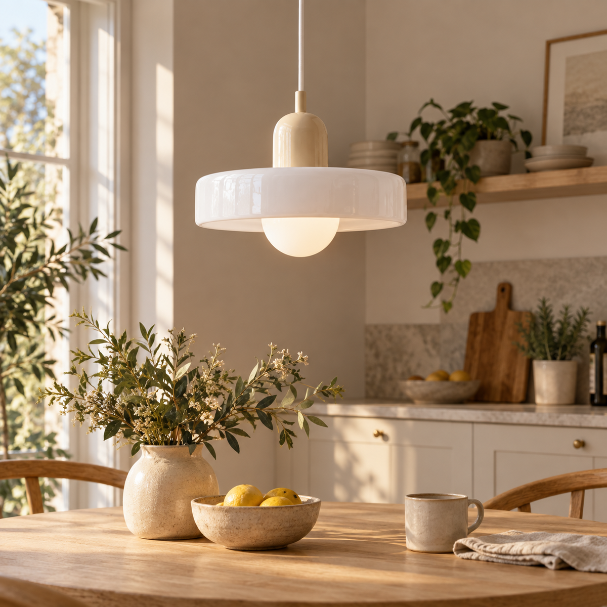 Bauhaus Nordic glass pendant in White 2 installed above a breakfast table