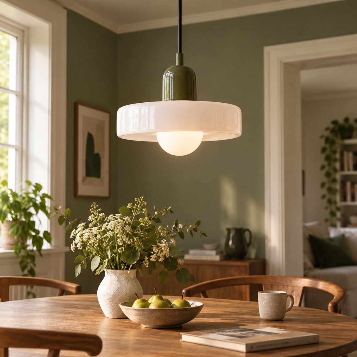 Bauhaus Nordic glass pendant in White 3 installed in a green dining room