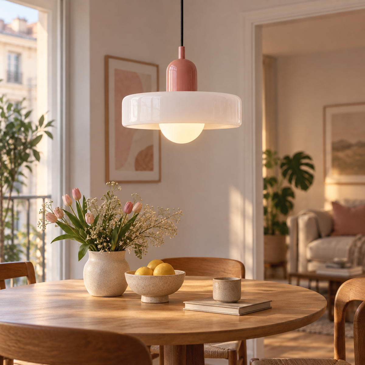 Bauhaus Nordic glass pendant in White 4 installed in a pastel dining room