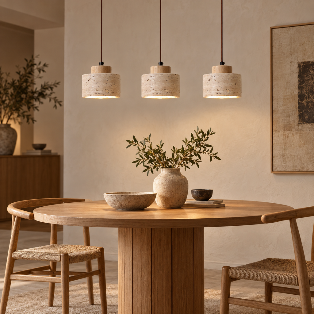 Variant A short travertine pendant lights with light wood caps above a dining table