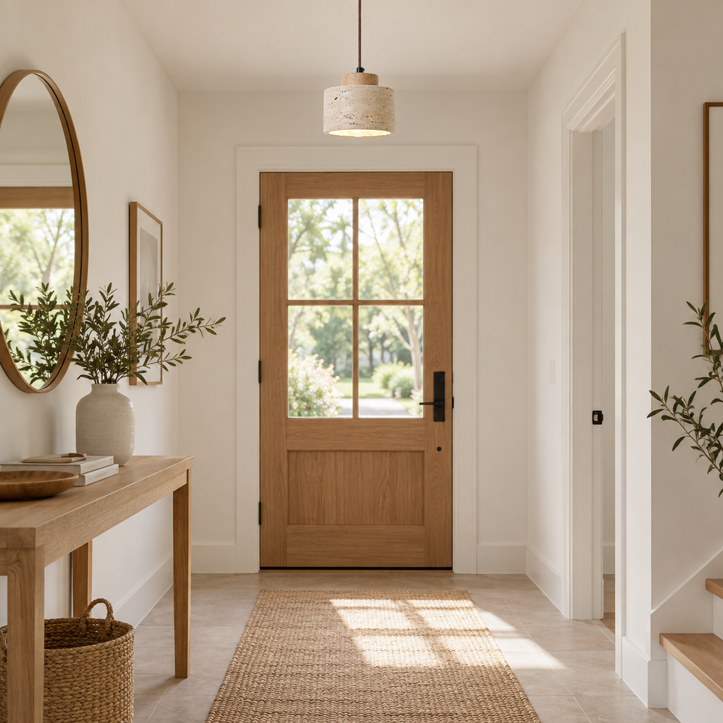 Variant A short travertine pendant light with light wood cap in an entryway