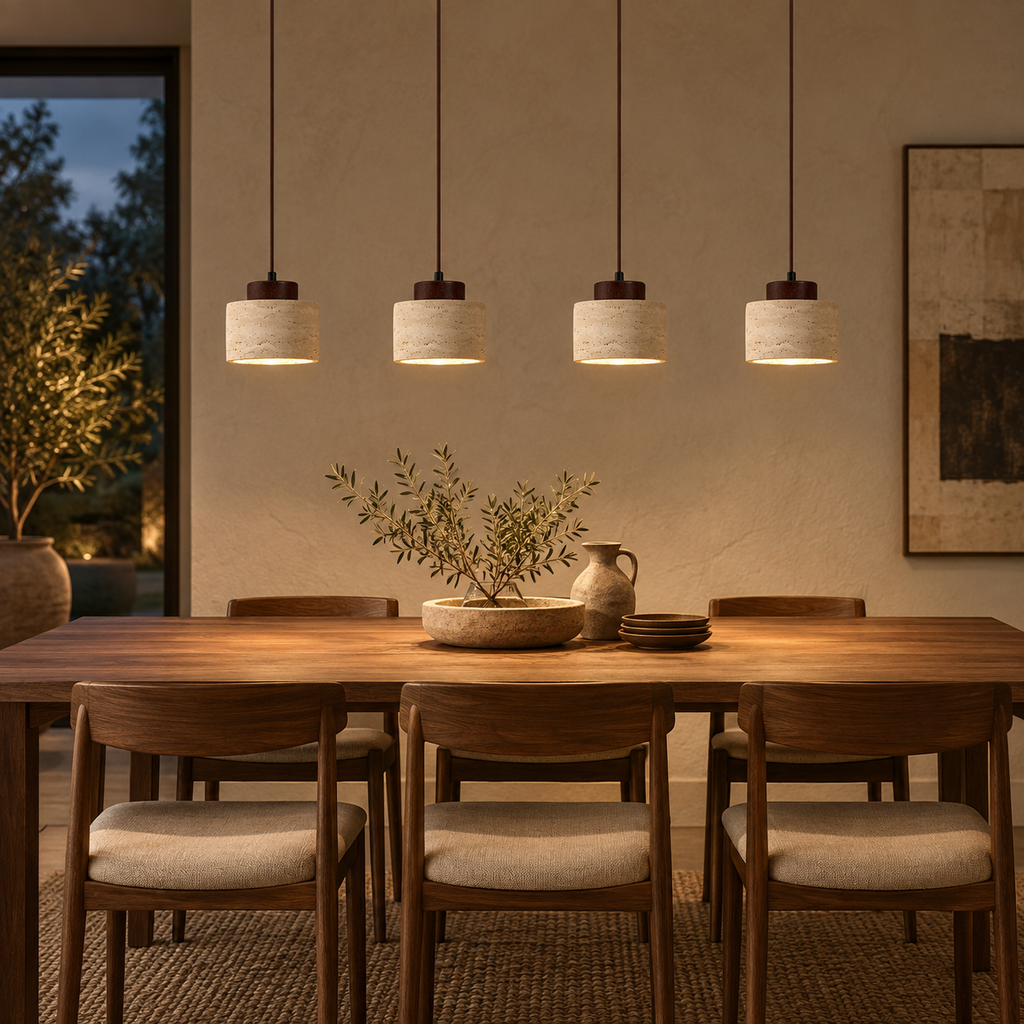 Variant B short travertine pendant lights with dark wood caps above a dining table