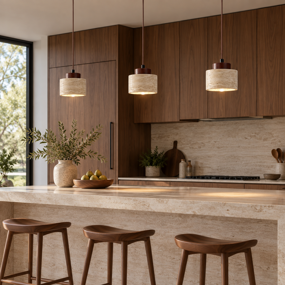 Variant B short travertine pendant lights with dark wood caps above a kitchen island