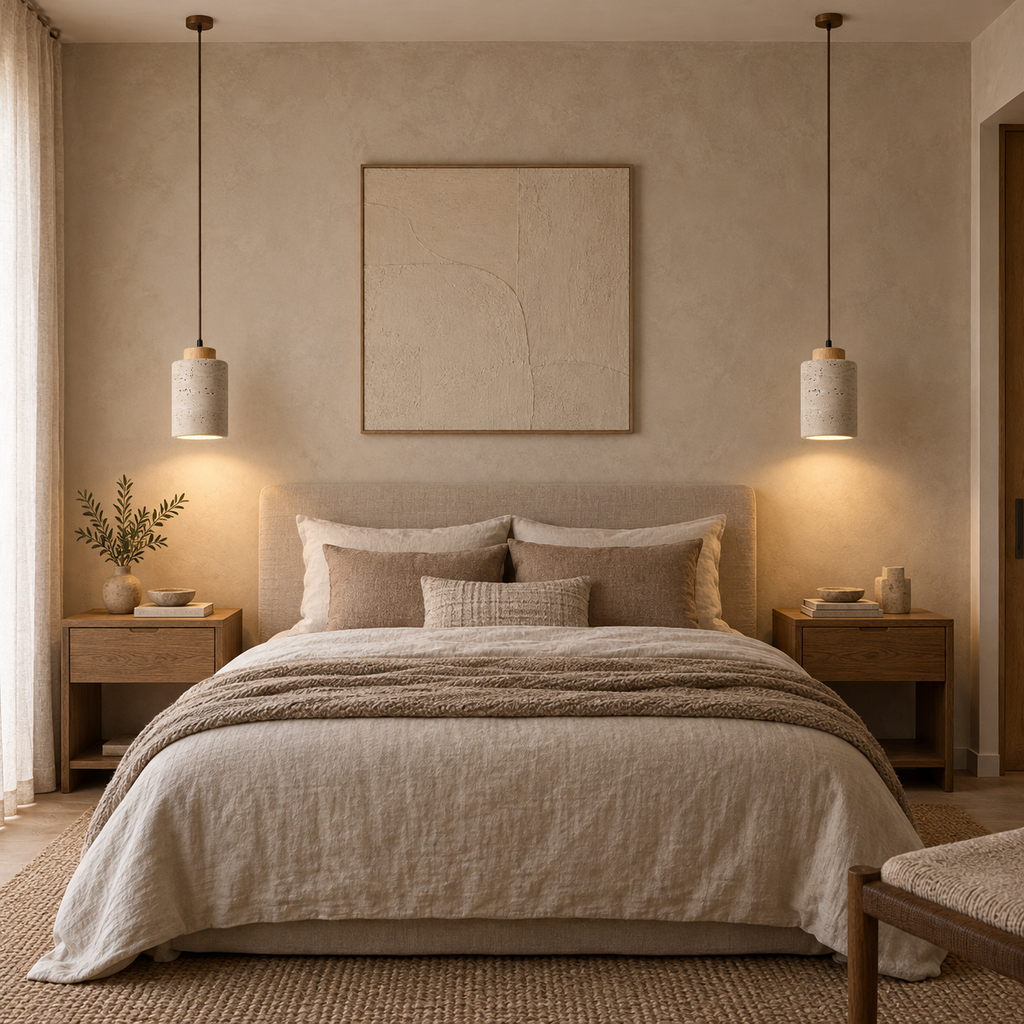 Pair of Variant C tall travertine pendant lights with light wood caps in a bedroom
