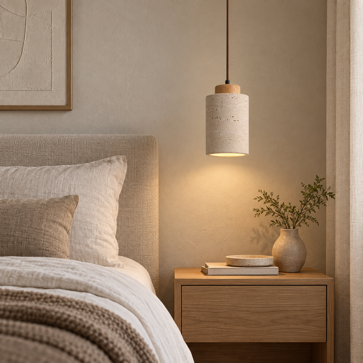 Variant C tall travertine pendant light with light wood cap beside a bed
