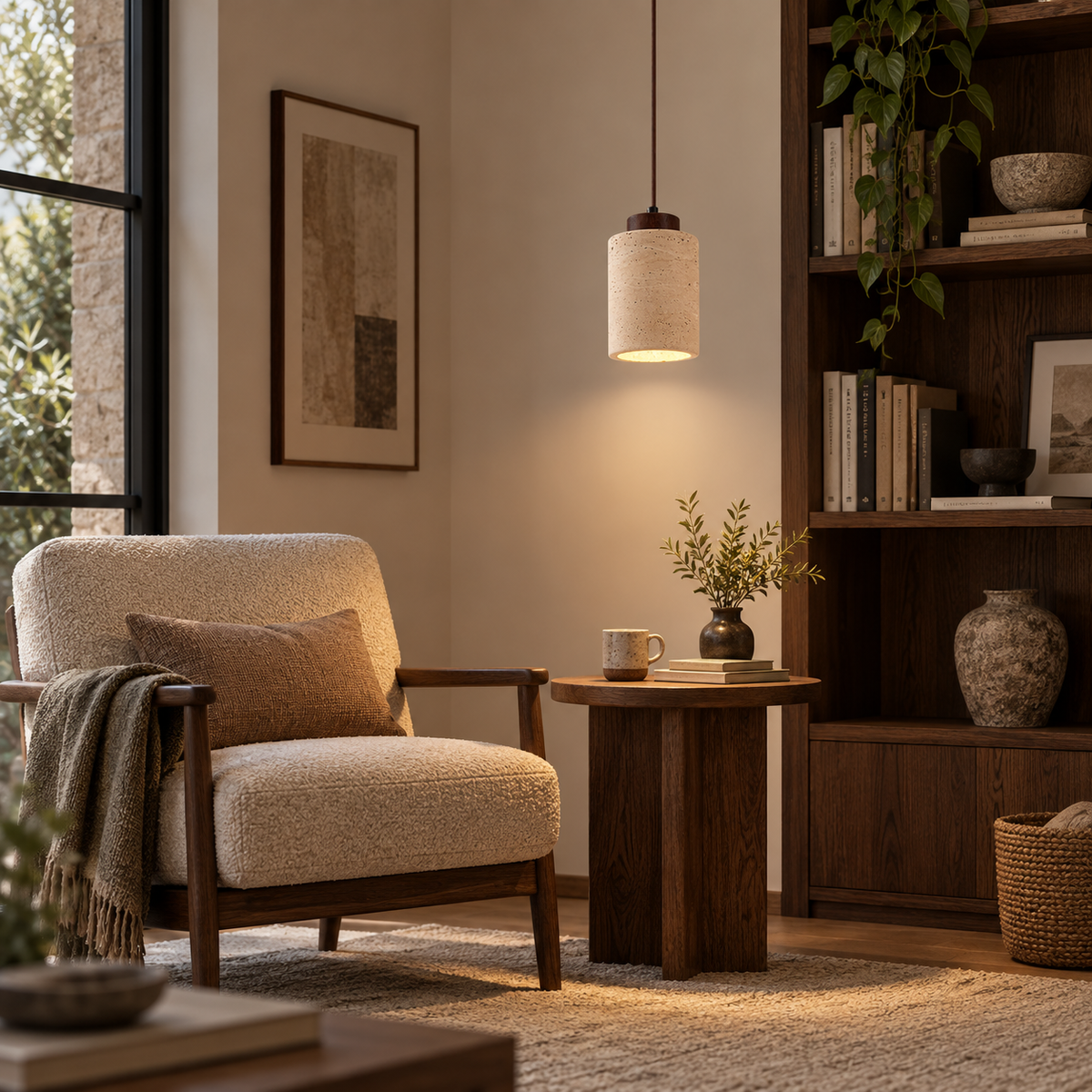 Variant D tall travertine pendant light with dark wood cap in a reading corner