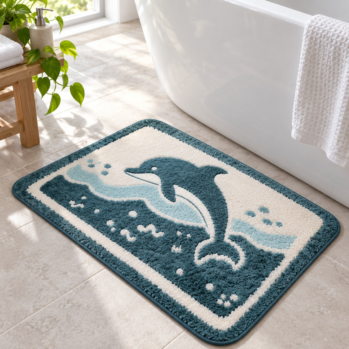 J0587 coastal dolphin and wave machine-washable bathroom mat beside a bathtub