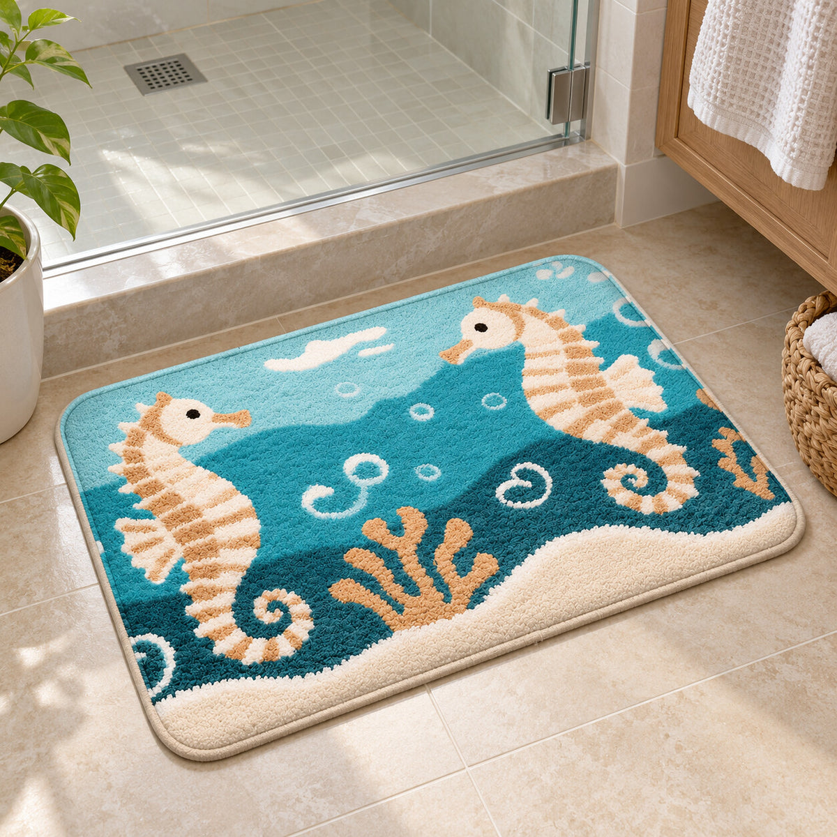 J0705 coastal seahorse machine-washable bathroom mat outside a shower
