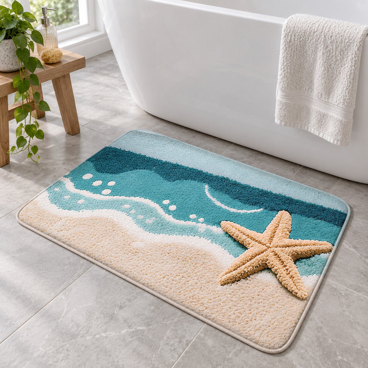 J0713 coastal starfish shoreline machine-washable bathroom mat beside a bathtub
