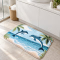 J0719 tropical dolphin machine-washable bathroom mat in front of a vanity