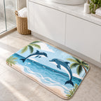 J0719 tropical dolphin machine-washable bathroom mat in front of a vanity