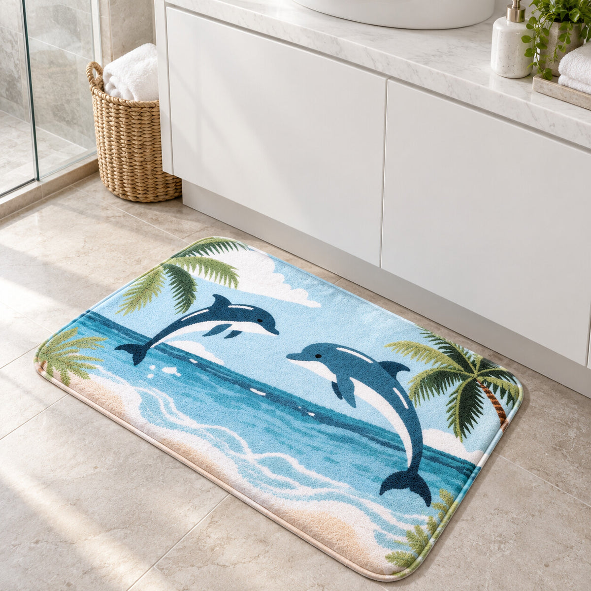 J0719 tropical dolphin machine-washable bathroom mat in front of a vanity