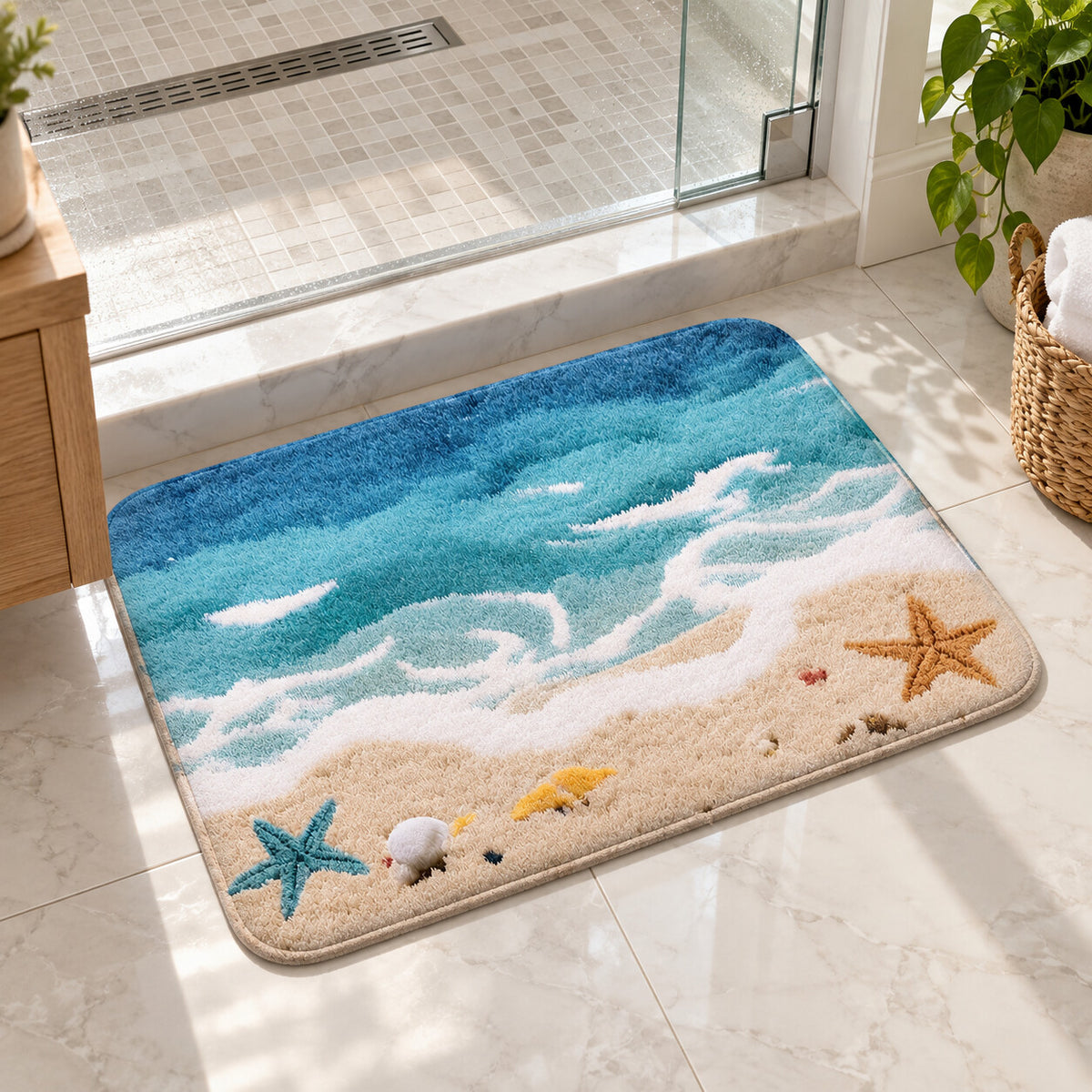 J0777 coastal beach wave and shells machine-washable bathroom mat outside a shower