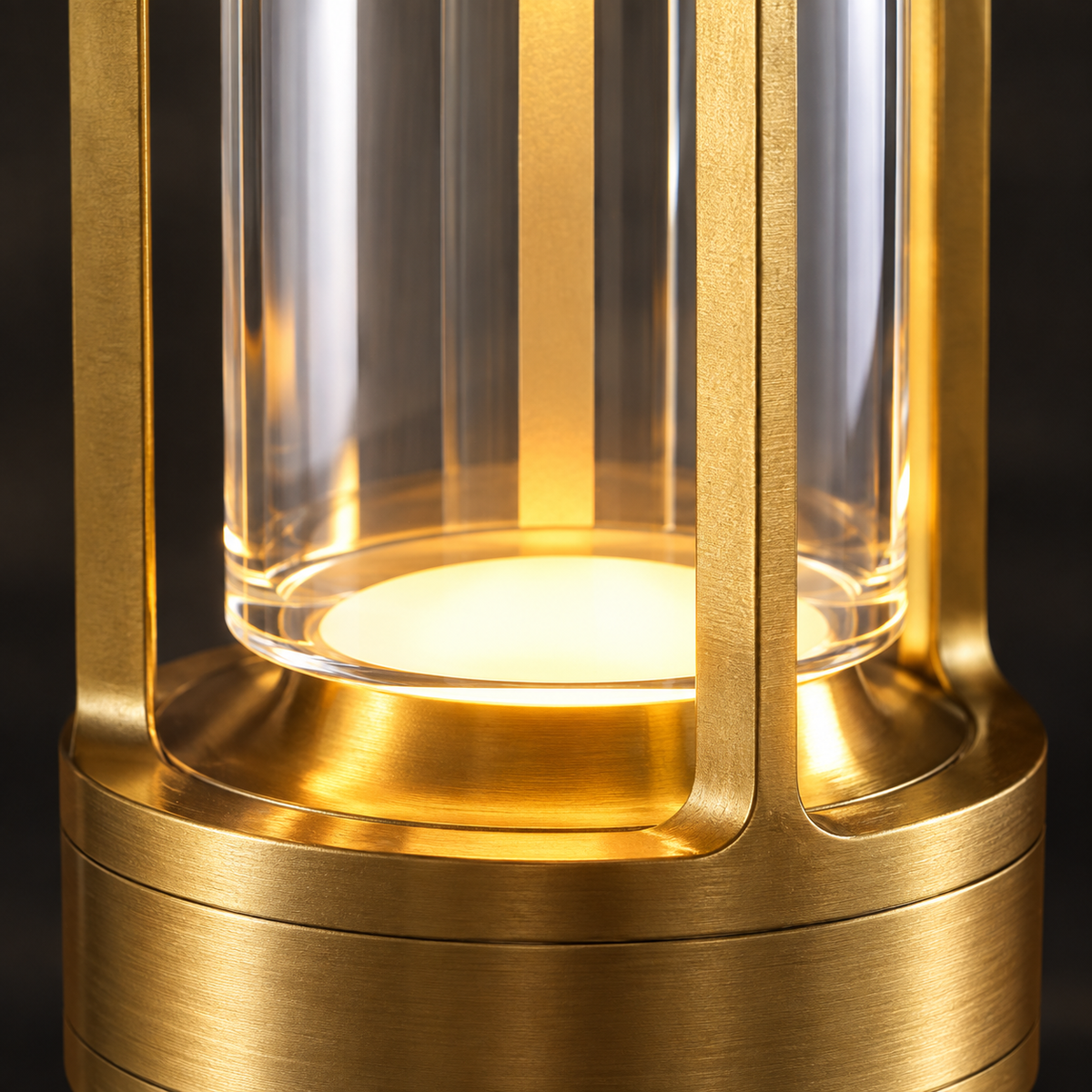 Golden acrylic LED table lamp close-up showing acrylic diffuser and base