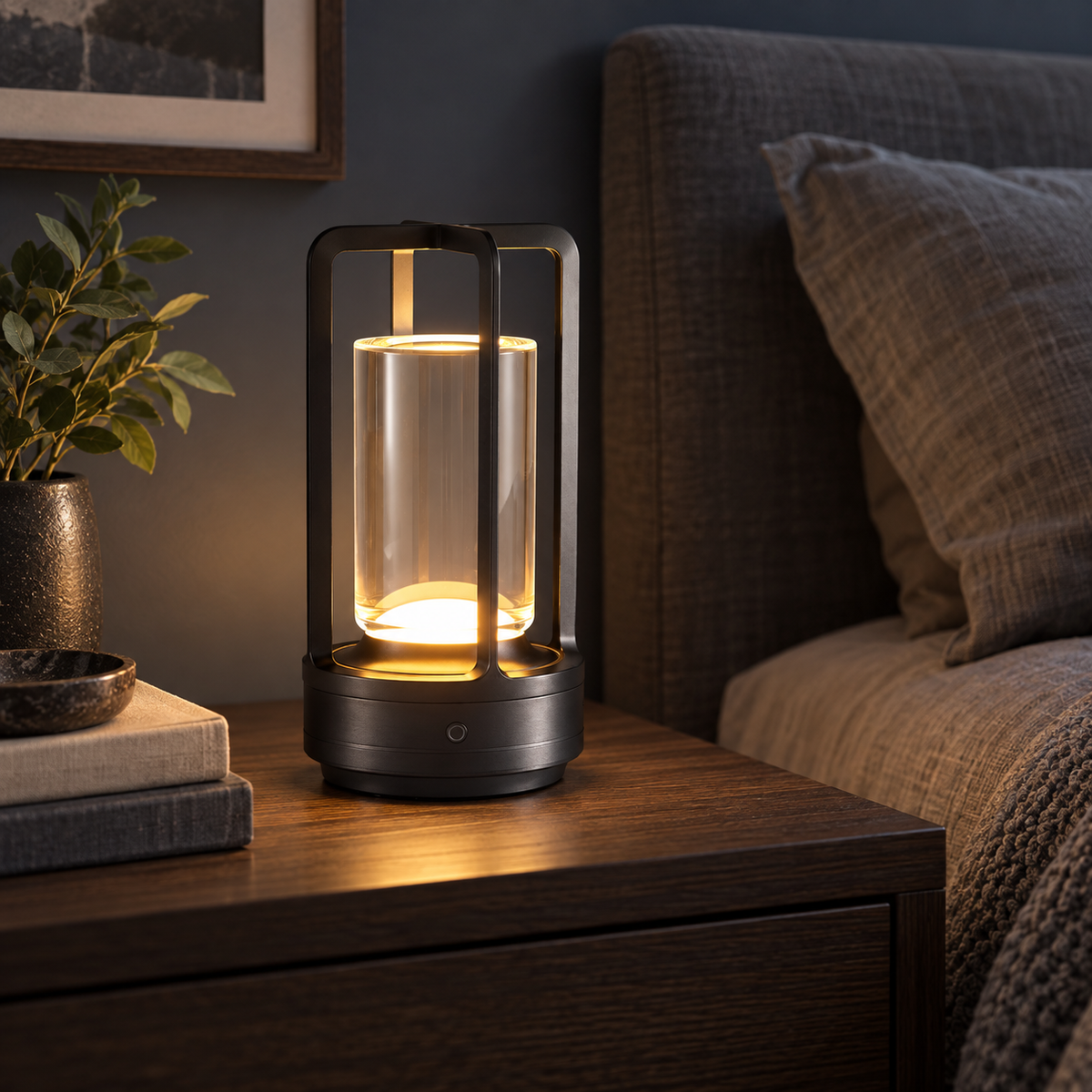 Rechargeable dimmable Black acrylic LED table lamp in a moody bedroom