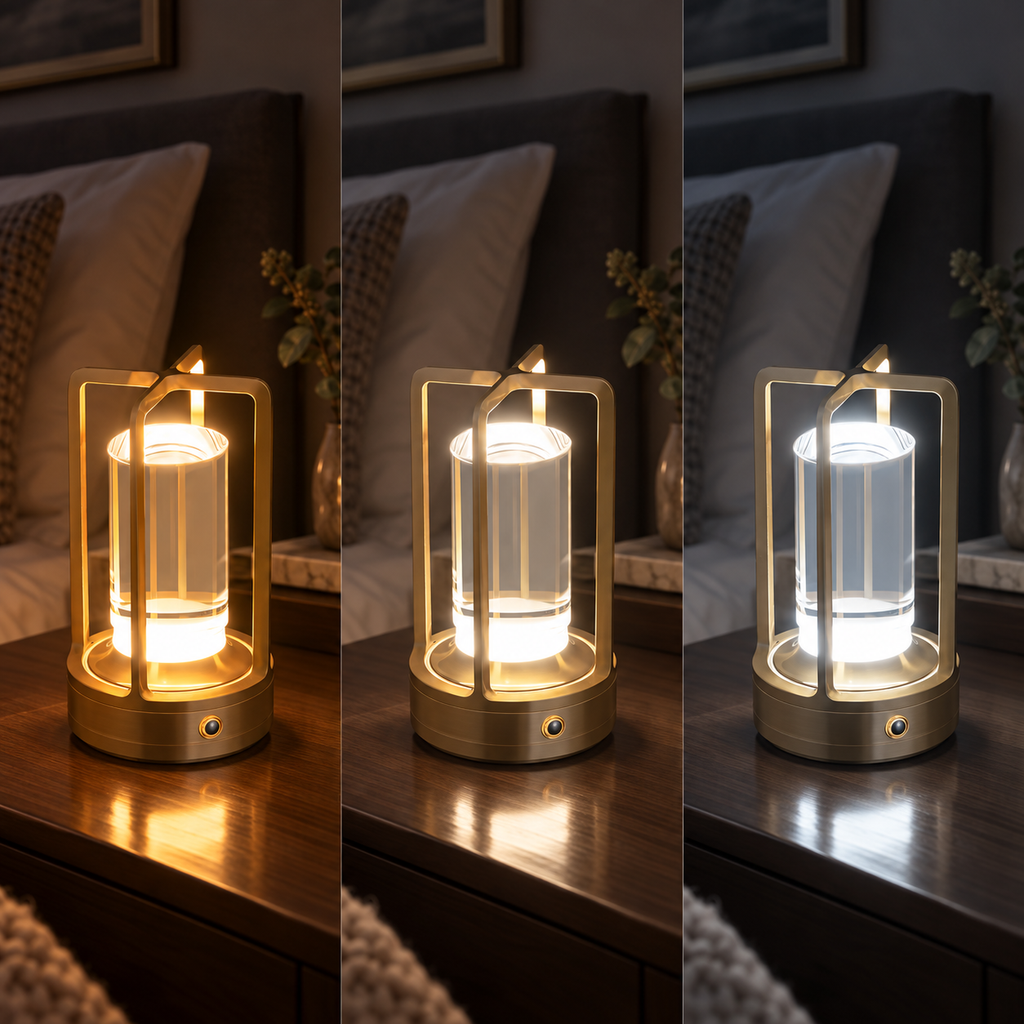 Golden cordless acrylic table lamp showing warm neutral and cool light