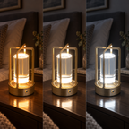 Golden cordless acrylic table lamp showing warm neutral and cool light