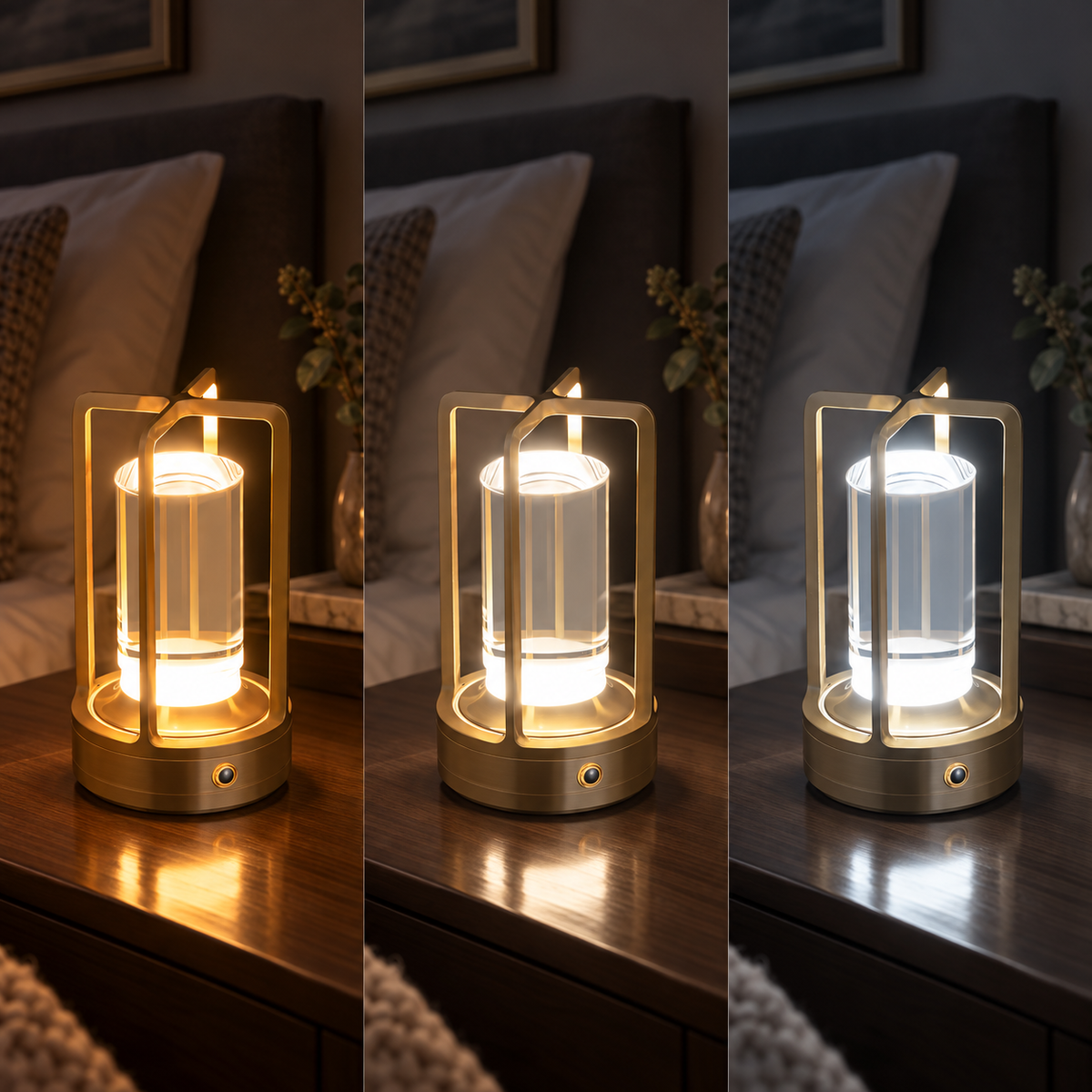 Golden cordless acrylic table lamp showing warm neutral and cool light