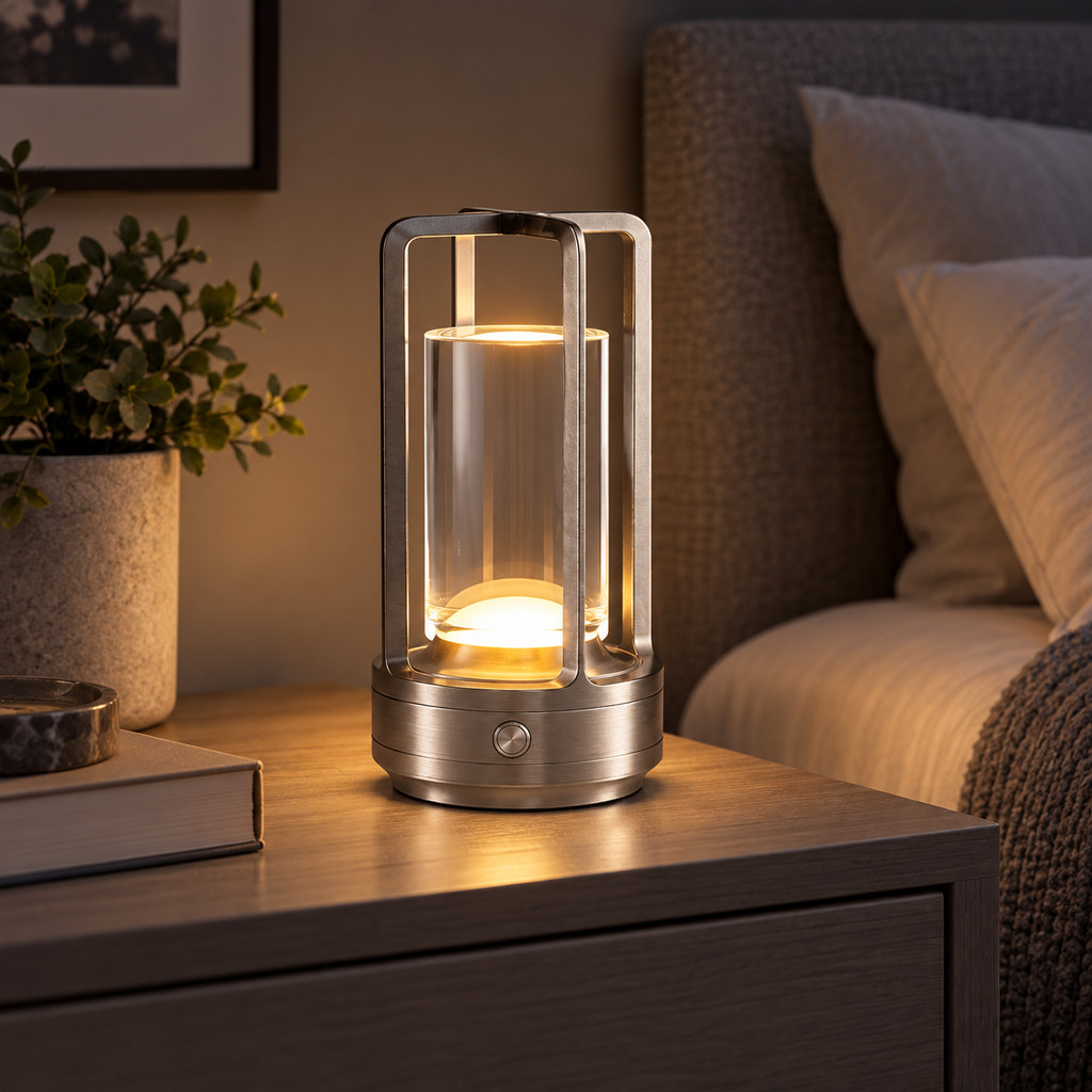 Rechargeable dimmable Silver acrylic LED table lamp on a bedside table