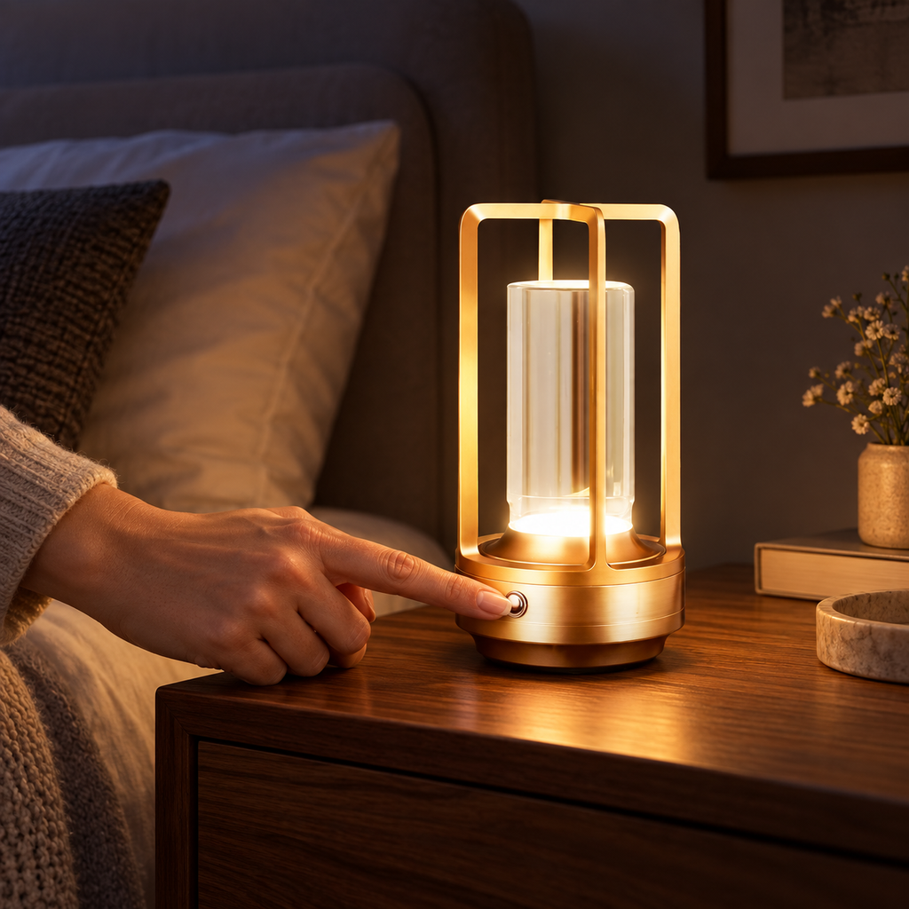 Golden acrylic LED table lamp with touch dimming control in use