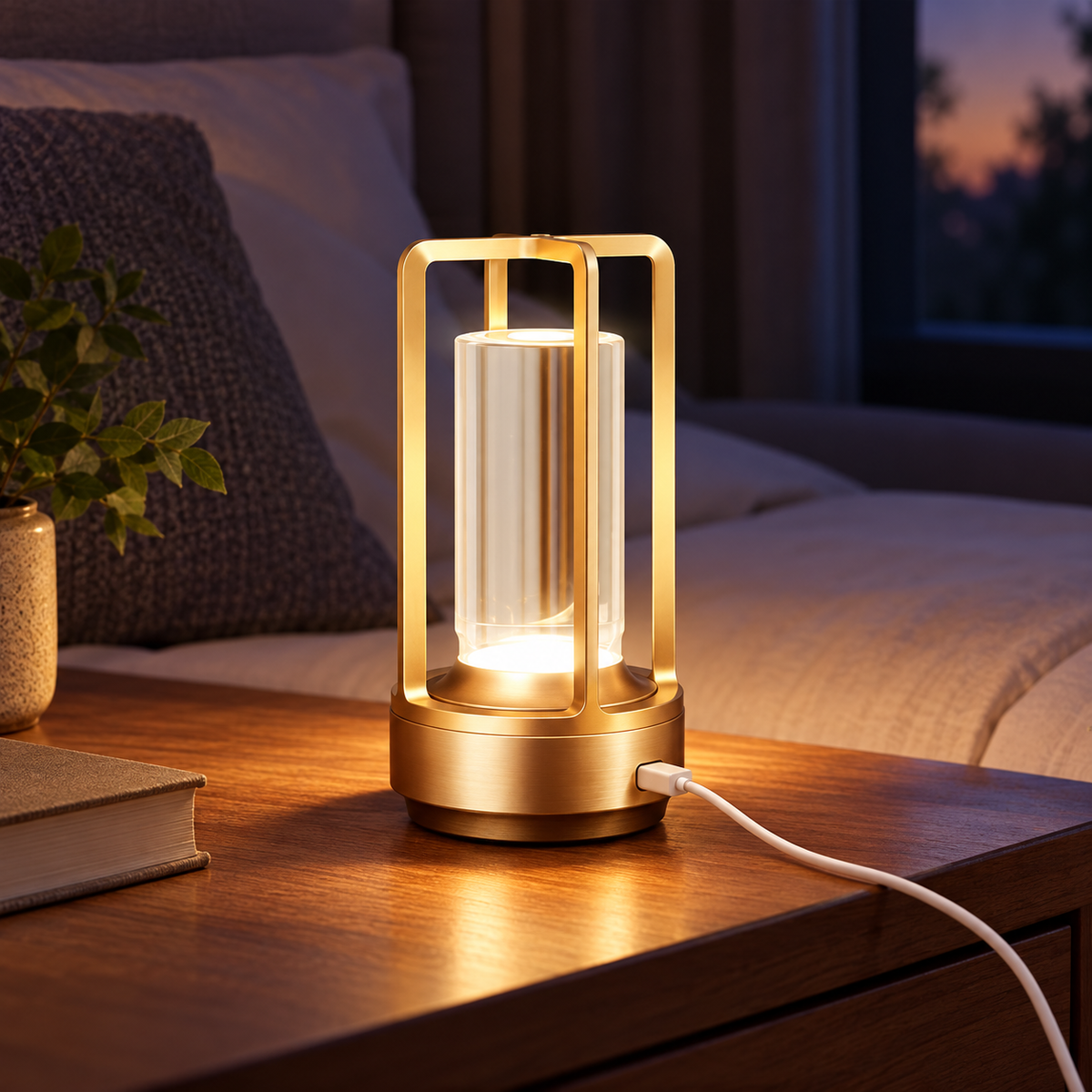 Golden rechargeable acrylic LED table lamp charging by USB at a bedside table