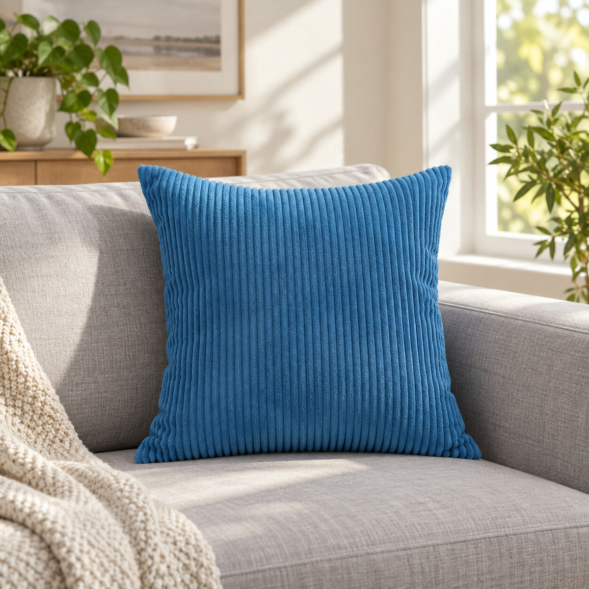 Blue 45 x 45 cm wide-wale corduroy throw pillow cover on a sofa