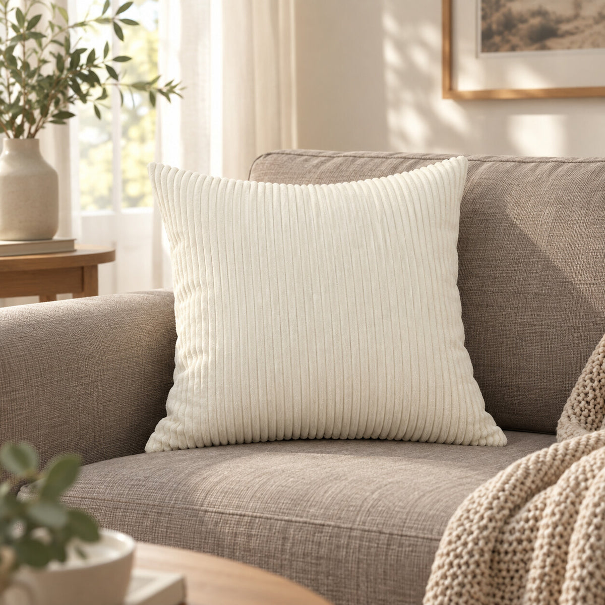 Cream 45 x 45 cm wide-wale corduroy throw pillow cover on a sofa