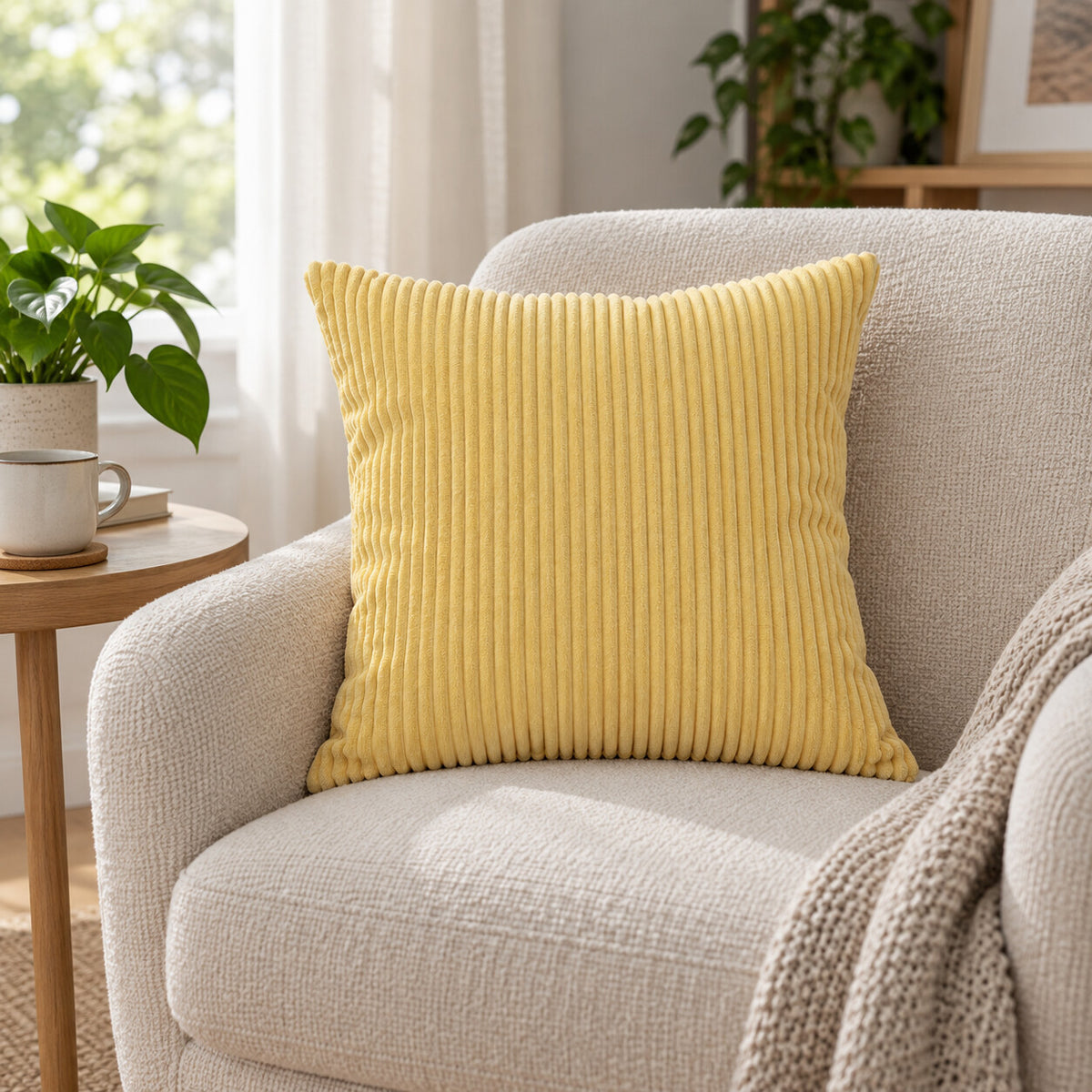 Lemon yellow 45 x 45 cm wide-wale corduroy throw pillow cover on an armchair