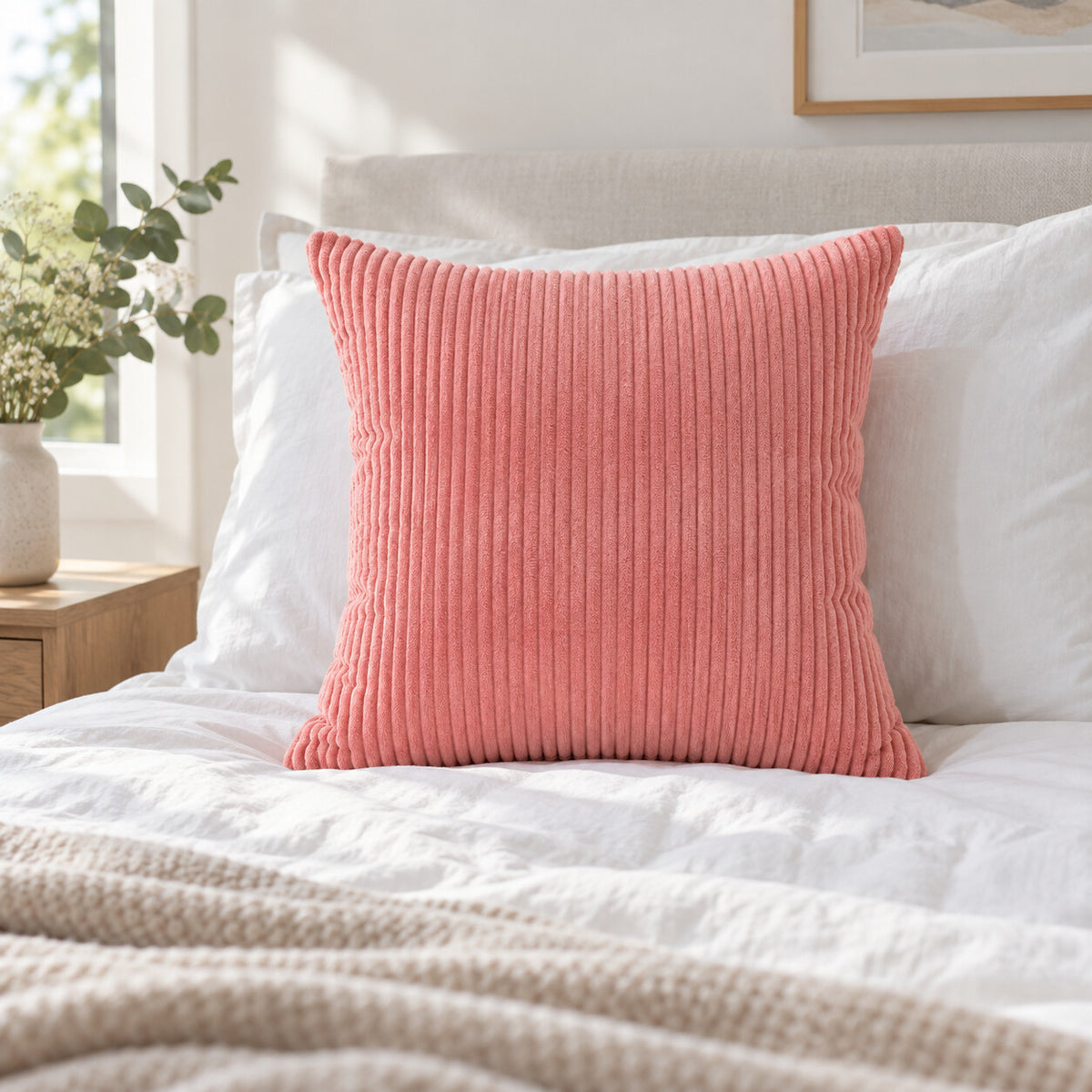 Pink 45 x 45 cm wide-wale corduroy throw pillow cover on a bed