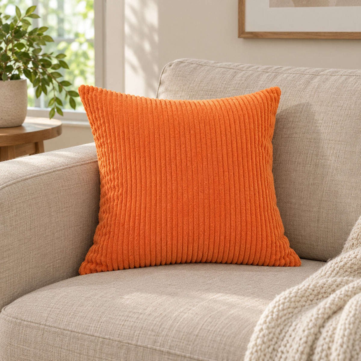Tangerine 45 x 45 cm wide-wale corduroy throw pillow cover on a sofa