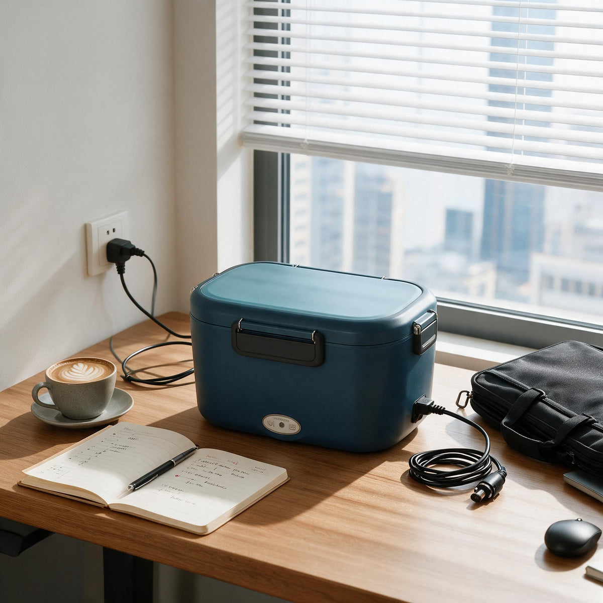 Heated lunch box shown with both mains plug and car socket adapter.
