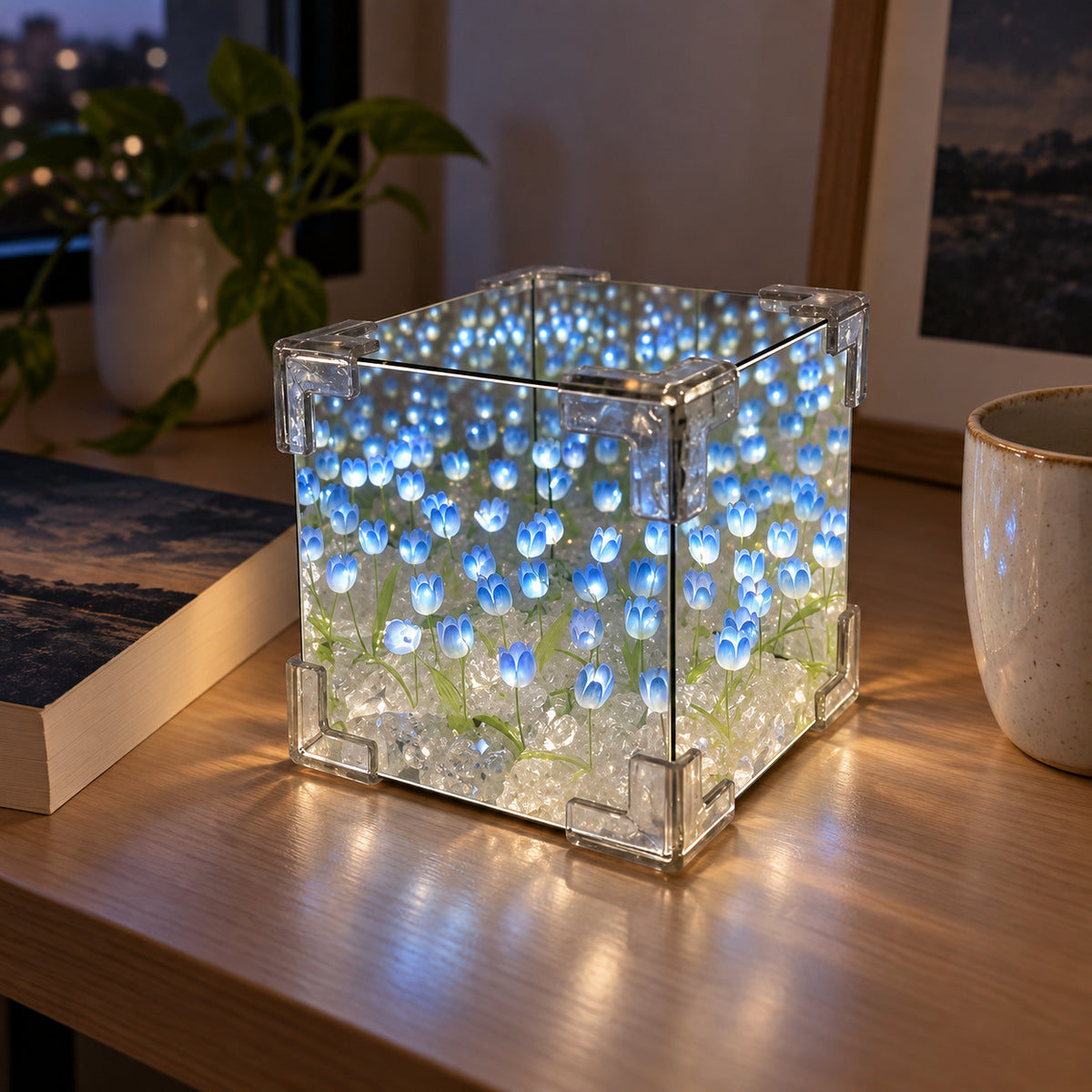 Blue DIY tulip mirror LED night light glowing on a study desk