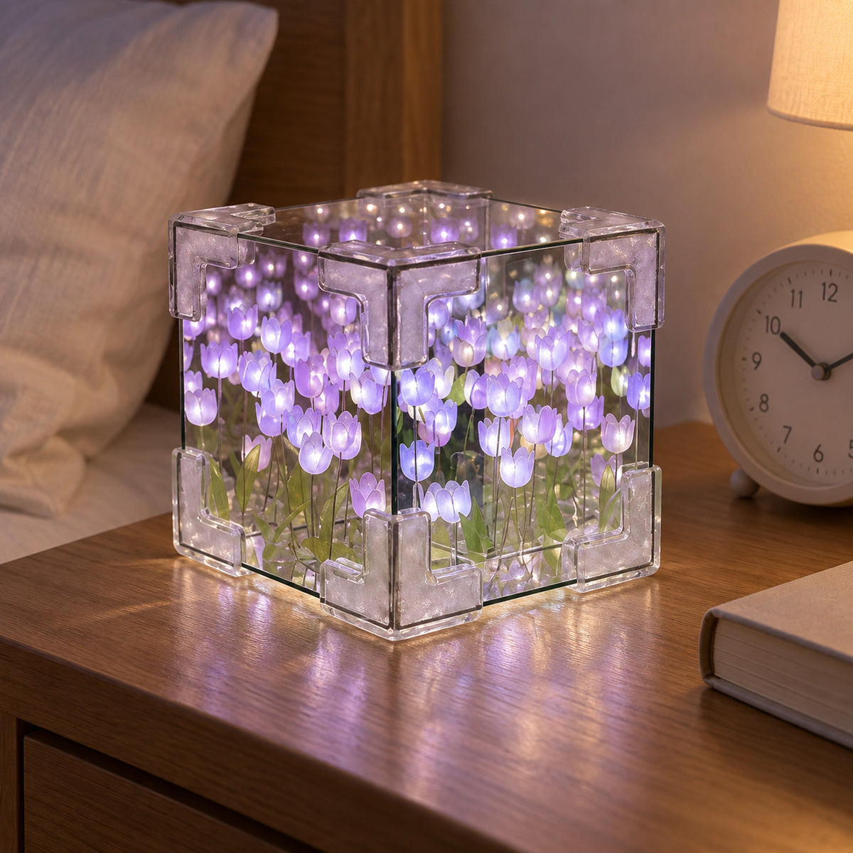Purple DIY tulip mirror LED night light glowing on a bedside table