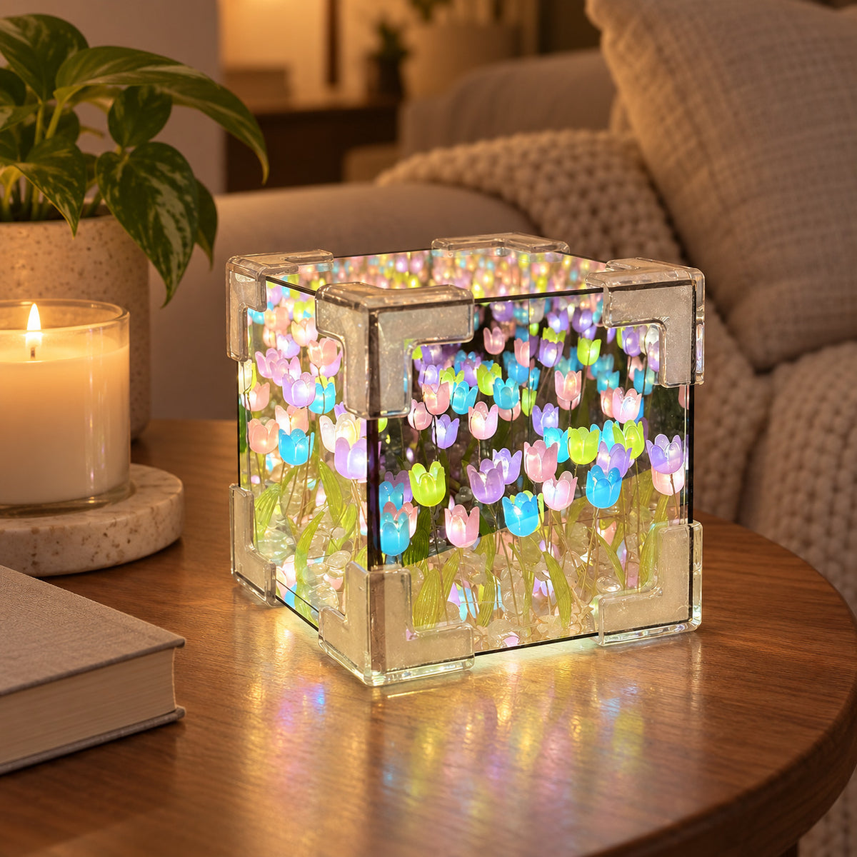 Rainbow DIY tulip mirror LED night light glowing on a living room table