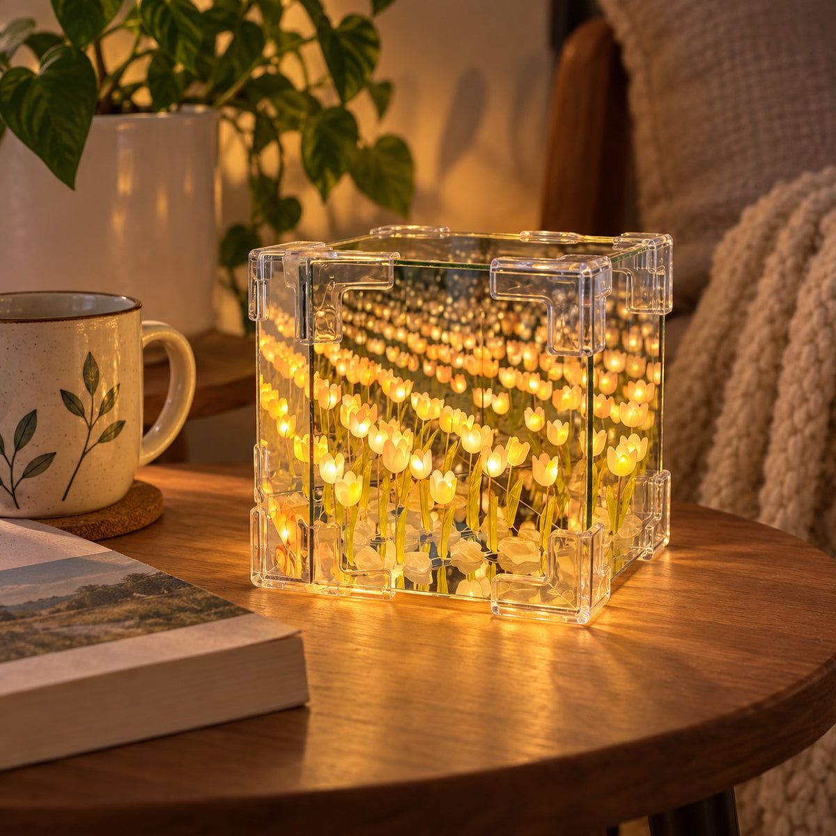Yellow DIY tulip mirror LED night light glowing in a reading nook