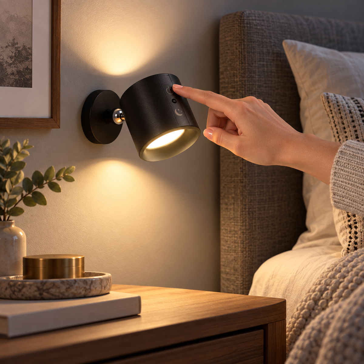 Black rechargeable LED wall sconce operated using its touch control