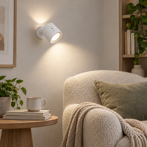 White rotating double-head rechargeable LED wall sconce in a reading nook